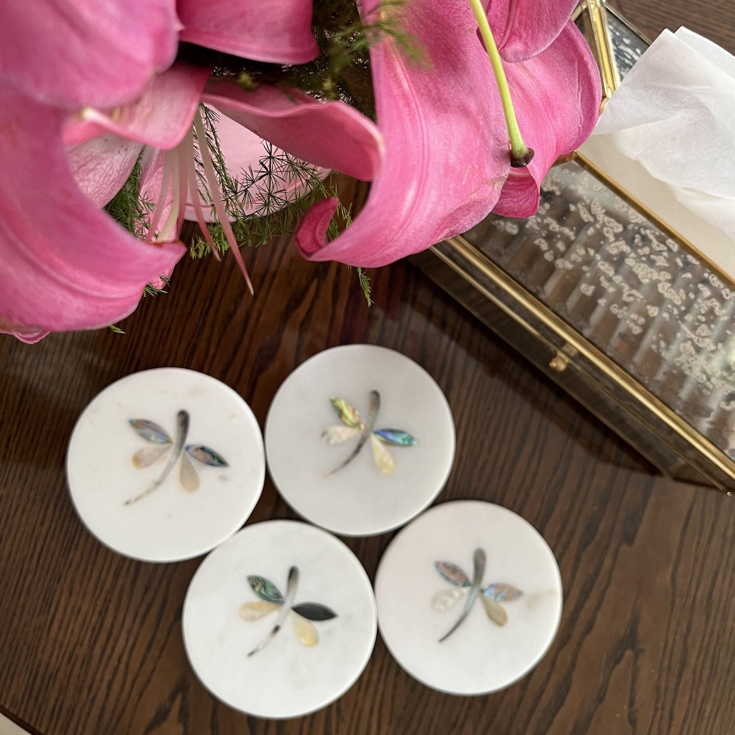 Dragonfly - Set of 4 coasters with mother-of-pearl inlay