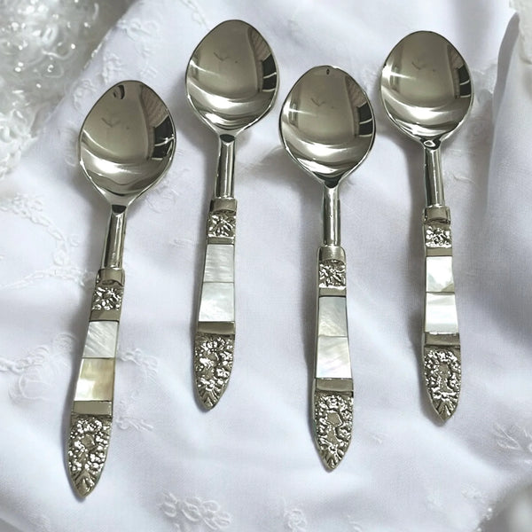 Mitháas Naqashi Silver - Dessert Spoon Set with Mother of Pearl Handles